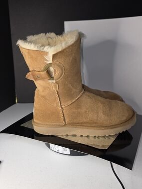 UGG Nash Chestnut Suede Shearling Mid-Calf Boot with Buckle Ring Accent Size 7